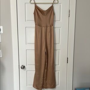Tan Satin Jumpsuit with Spaghetti Straps and Wide-Leg Pants